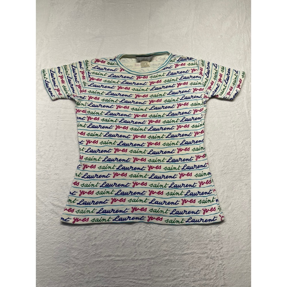 Vintage Yves Saint Laurent YSL T Shirt M All Over Script Logo Made Hong Kong